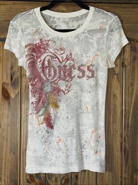 GUESS White Tee with Pink Feather Graphic and Orange Accents